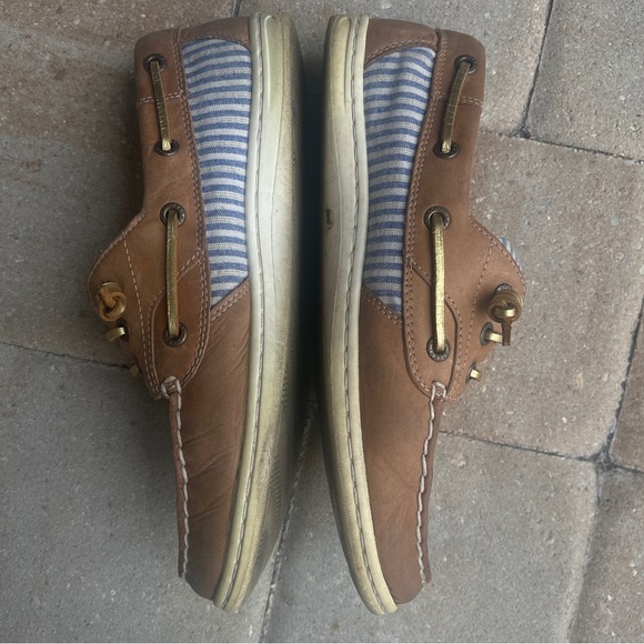 Sperry Size 8.5 Women's Songfish Blue Striped with Gold Metallic Laces Boat Shoe - Picture 4 of 7